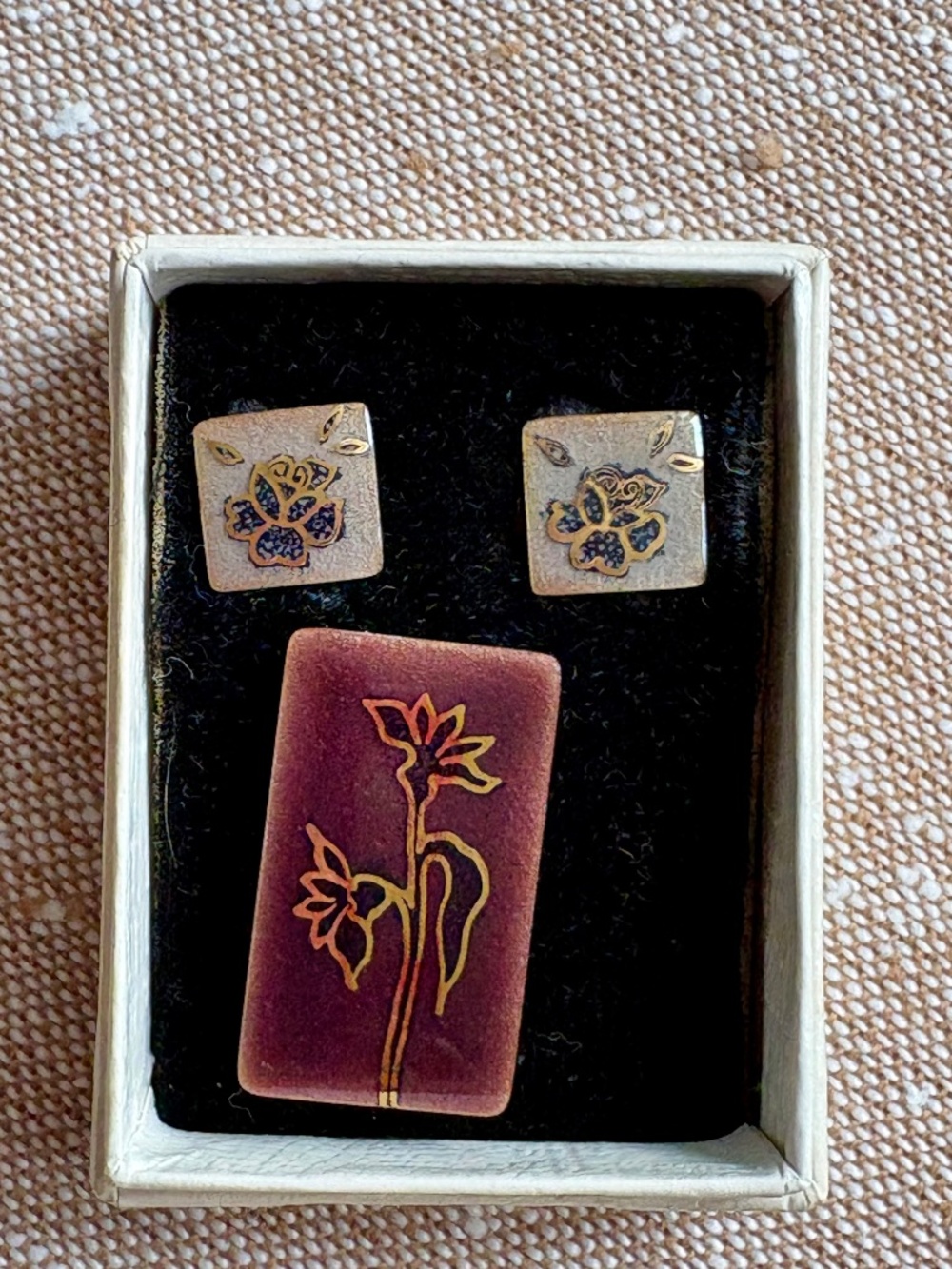 VTG Jules Perrier Enamel Jewelry Set Handmade Quebec MCM Floral Brooch Earrings